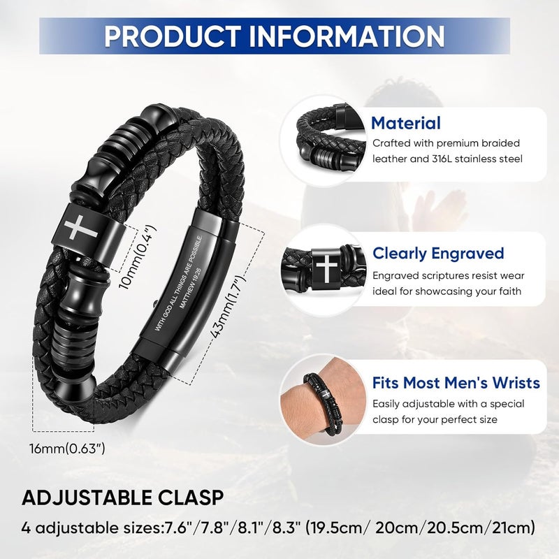TempBeau Store Christian Black Leather Bracelet for Men - Double-Row Braided Leather Faith Cross Bracelets for Men Jewelry Gift Religious Baptism Easter Gifts for Young Men Teenage,Adjustable Wristband - Image 5